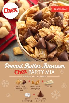 a bowl full of peanut butter blossom chex party mix