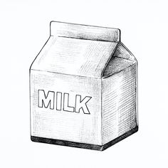 a drawing of a milk carton with the word milk on it's side