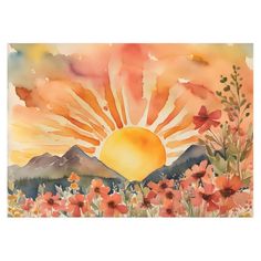 a watercolor painting of the sun setting over mountains with wildflowers in foreground