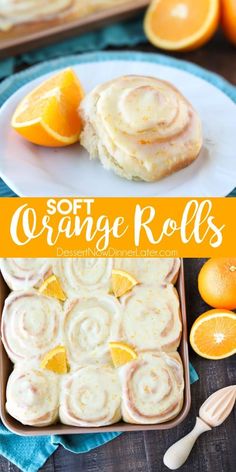 an orange roll with icing on top next to sliced oranges