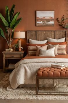 a bedroom with an orange wall and white bedding, brown accents and a plant in the corner