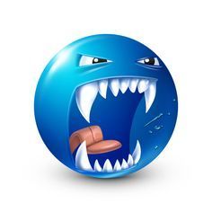 a blue ball with an open mouth and teeth