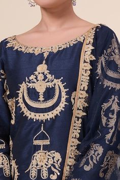 Blue kurta with aari thread embroidered elephant motifs and sequin embellishments. Comes with salwar and dupatta. - Aza Fashions Transitional Intricate Embroidered Blue Fabric, Blue Semi-stitched Salwar Kameez With Motifs, Blue Art Silk Salwar Kameez With Intricate Embroidery, Blue Chanderi Sets With Motifs, Anarkali Dupatta With Intricate Embroidery In Royal Blue, Blue Silk Sets With Motifs, Blue Embroidered Fabric With Motifs, Blue Chanderi Fabric With Dabka Work, Blue Embroidered Straight Kurta With Zari Work