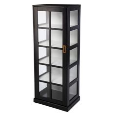 a black and white display case with glass doors