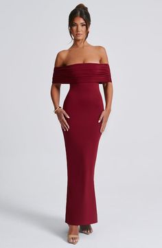 Belinda Maxi Dress - Burgundy Burgundy Dresses For Wedding, Burgundy Off The Shoulder Dress, Off The Shoulder Graduation Dress, Burgundy Dress Formal, Red Dress Plus Size, Date Night Heels, Burgundy Dress Outfit, Adire Styles, Red Off The Shoulder Dress