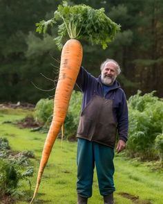 an older man holding up a large carrot