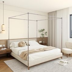 a bedroom with a four post bed and white walls, along with a beige rug on the floor