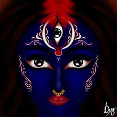 a woman's face painted in blue and red