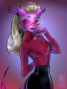 a drawing of a woman with horns on her head and pink eyes, wearing a red shirt