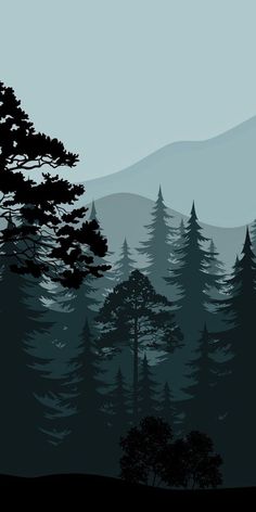 a dark forest with trees and mountains in the background