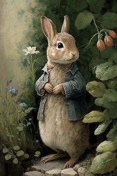 a painting of a rabbit standing in front of some flowers and plants with his hands on his chest