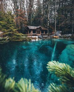 the blue water is surrounded by pine trees and a small cabin in the middle of it