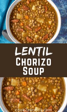 lentil and chorizo soup in a white bowl on a blue cloth with text overlay