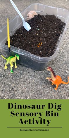 a plastic container filled with dirt and toy dinosaurs sitting next to each other on the ground