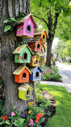 colorful bird houses on the side of a tree