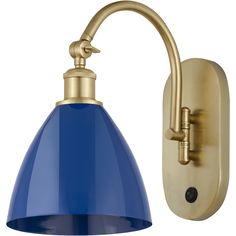 a blue and gold wall light with an arm on the side, next to a white background