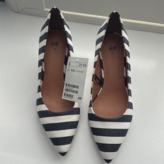 H&M Navy And White Stripe Heels Chic High Heel H&m Heels, H&m High Heel Party Heels, Elegant H&m Heels For Spring, Chic Formal Heels By H&m, H&m Heels For Spring Party, Black Block Heel Shoes, H&m Heels, Quilted Shoes, Black Heels Low