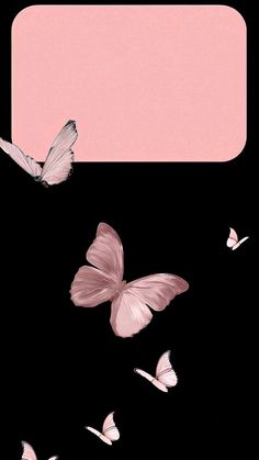 a group of butterflies flying in the air with a pink sign above them that says,