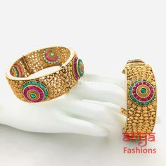 Ruby Emerald Indian Kada / Punjabi Kundan Bracelet Bangles/ Set of 2 Bangles Made in Brass with 22 Karat Gold finish Pair of 2 Bangles Thickness: Approx. 1" Available in size 2.4, 2.6, 2.8 Openable Bangles Ready to ship from VA, USA Kundan Bracelet, Kundan Bangles, Bangles Set, Bangles Making, Bangles Bracelets, Ruby Emerald, Bangle Set, Gold Polish, Gold Finish