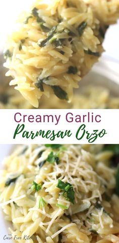 creamy garlic parmesan orzo with spinach and cheese on top is an easy side dish