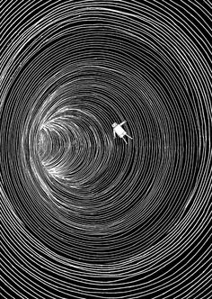 an abstract black and white photo with swirls in the center that looks like something out of space