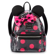 Show off your sparkly spirit with this hot pink polka dot Minnie Mouse mini backpack by Loungefly. Featuring a sequined top layer and a bow set at an angle, this faux leather backpack will tote your essentials in sweet style! Minnie Mouse Backpack, Cute Mini Backpacks, Mini Mochila, Faux Leather Backpack, Loungefly Bag, Disney Bag, Cute Backpacks, Kurt Geiger, Pink Polka Dots