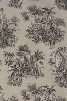 a black and white photo of trees, plants and animals on a beige background with palm trees