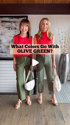 Julie Powell + Krista Olufson | 40+ Style | SeattleWA on Instagram: "Comment LINKS & we’ll send outfit links to your DM!❤️

What colors go with olive green??🫒We get this question a lot!! Answer: treat olive green like a neutral and style away!!👏🏼 Pair it with red, purple, stripes, black, florals, bright pink or coral, white/cream or denim!! Olive green pants are a fun change up from blue denim or black pants! 
HOW TO SHOP OUR LOOKS: 🛍️
-Comment “links” for outfit links sent to your inbox! 
- Click the link in our bio to shop from the @shop.ltk app or from lastseenwearing.com! 
- Links will be in our stories!

#springfashion #springoutfit #springstyle #anthropologie #anthro #howtostyle #styletips #styletip #fashiontips #styleideas #outfitgoals #workwear #casualchic #casualoutfits #effor Green Denim Pants Outfit, Olive Green And Red Outfit, Olive Shoes Outfit, Olive Pants Outfit, Olive Green Pants Outfit, Olive Green Outfit, Denim Pants Outfit, Long Sleeve Shirt Outfits, Outfits With Striped Shirts