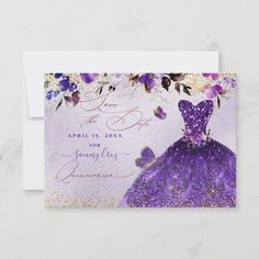 an elegant purple dress with butterflies and flowers on the front is shown in this card