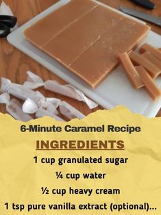 ingredients for homemade caramel recipe on cutting board