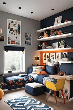 a bedroom with blue and orange decor on the walls, bookshelves and shelves