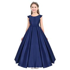 Flower Girls Wedding Bridesmaid Flower Dress Fly Sleeves V Back Satin Birthday Party Formal Floor Length Dress Navy Blue 6 Flower Girls Wedding, Wedding Bridesmaid Flowers, Flower Girl Dresses Vintage, Girls Birthday Party Dress, Girls Ball Gown, Satin Flower Girl Dress, Princess Dress Kids, Princess Flower Girl Dresses, Bridesmaid Flower