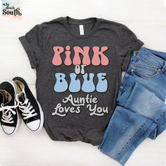 Get ready for the big gender reveal with our Auntie Gender Reveal Shirt! Made from high-quality Bella Canvas 3001 Tshirt, this shirt is perfect for the proud auntie who wants to show off their excitement for the new arrival. Available in a variety of sizes and colors, this shirt features a fun and playful design that is sure to make a statement. Whether you're attending a gender reveal party or just want to share your joy with the world, our Auntie Gender Reveal Shirt is the perfect choice. Orde Pink Pre-shrunk T-shirt For Gender Reveal, Cute Letter Print T-shirt For Gender Reveal, Pink Tops With Funny Text For Gender Reveal, Cute T-shirt With Funny Print For Gender Reveal, Pink T-shirt With Funny Print For Gender Reveal, Cute Graphic Print T-shirt For Gender Reveal, Blue Text Print T-shirt For Mother's Day, Cute T-shirt With Name Print For Gender Reveal, Pink Graphic Tee For Gender Reveal