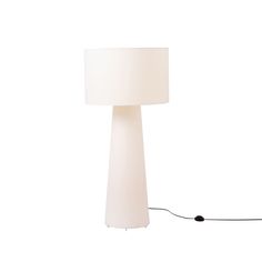 a white lamp with a cord attached to it and a light shade on the floor