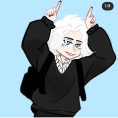 an anime character with white hair and blue eyes holding his hands up in the air