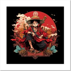 one piece anime character sitting on top of a pile of books with the sun in the background