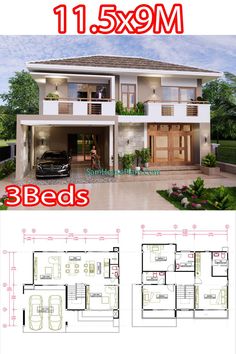 two story house plan with 3 beds in the front and one level on the back