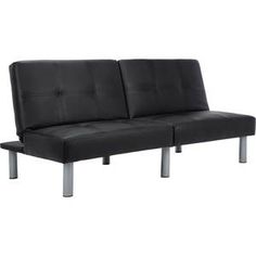 a black leather couch with metal legs