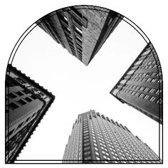 looking up at tall buildings from below in a circular frame with the words, what do you think?