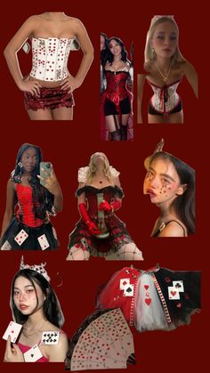 a collage of women dressed up in costumes and playing cards, with the caption's name on their chest