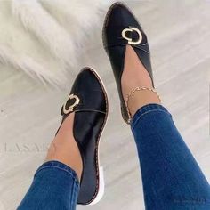 Lasaky - Metal Clasp Low-Heel Casual Pointed-Toe Single Shoes Loafers Fashion, Designer Plus Size, Large Size Womens Shoes, Popular Boots, Soft Shoes, Casual Flat Shoes, Loafers Style, Buckle Shoes, Casual Heels