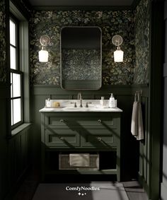 a bathroom with dark green walls and floral wallpaper on the walls, along with two sinks