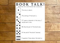 a book talk game with four dices on it