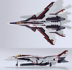 two models of fighter jets side by side on a white background and the other one is black with red accents