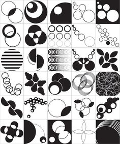 an assortment of black and white circles, shapes, and lines that are grouped together