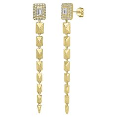 Luxle 0.6Cts. Baguette and Round Diamond Graduated Drop Earrings in 18k Yellow Gold. The surmount of the Luxle drop earrings glitters with baguette and round diamonds as rectangular gold sections graduate from bigger to smaller motifs in polished 18k yellow gold. Hanging length 2 7/8”. Post/clutch, diamond graduated drop earrings. Please follow the Luxury Jewels storefront to view the latest collections & exclusive one of a kind pieces. Luxury Jewels is proudly rated as a Top Seller on 1stDibs with all 5 star customer reviews. JEWELRY SPECIFICATION: Approx. Metal Weight: 8.05 gram Approx. Diamond Weight: 0.60 Cts Diamond Shape: Baguette / Round Diamond Color: GH Diamond Clarity: SI1 / I1 Approx. Number of Diamonds: 112 Diamond Color, Diamond Shape, Top Seller, Diamond Clarity, Diamond Shapes, Round Diamond, Colored Diamonds, Round Diamonds, 5 Star