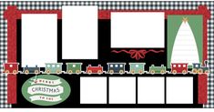 a christmas card with train and tree on the front, two blanks for photos