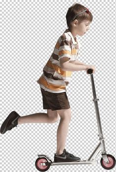 a young boy riding a scooter on a white background