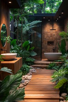 a bathroom with wooden floors and plants surrounding it