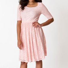 Light Pink Midi Dress With Lace Detail. Never Worn. New With Tag Lace Short Sleeve Stretch Dress, Lace Stretch Dresses With Short Sleeves, Short Sleeve Lace Stretch Dress, Short Sleeve Lace Dresses With Stretch, Modest Stretch Dresses For Spring, Modest Lace Dress For Spring, Feminine Stretch Lace Dress, Modest Spring Lace Dress, Casual Lace Dress With Stretch